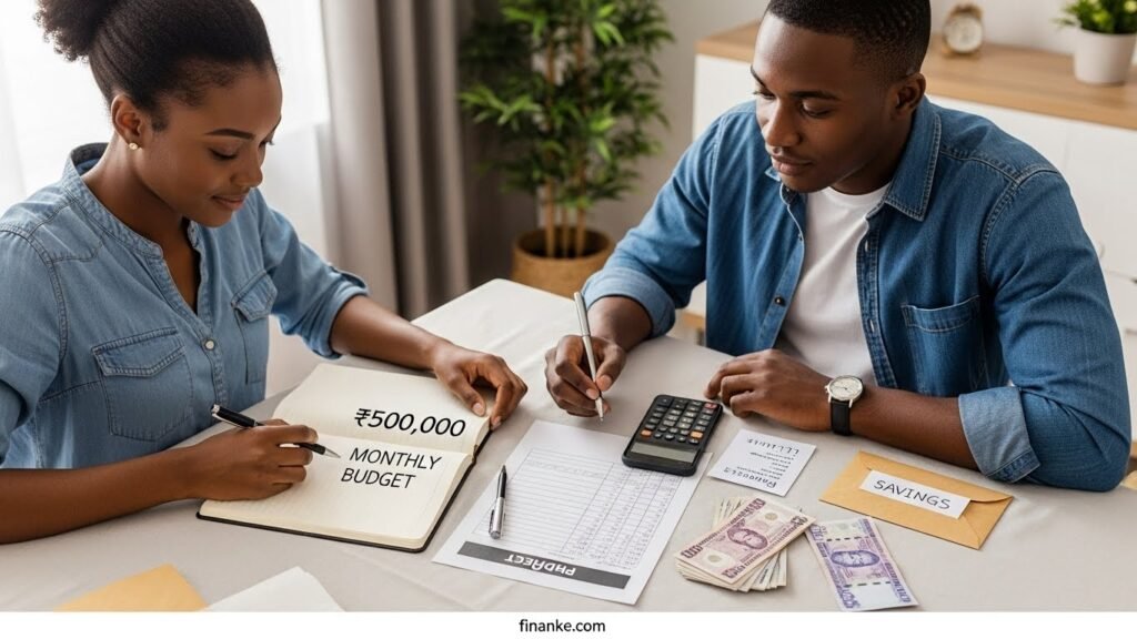 16:9 feature image, ultra-realistic photo style, Nigeria personal finance budgeting scene. A neat, well-lit Nigerian living room or dining area. A young Nigerian couple (small family feel) sitting at a table calmly planning a monthly budget. On the table: an open notebook titled “₦500,000 Monthly Budget”, a pen, a simple printed budget sheet with rows and numbers (no logos), a smartphone showing a calculator screen, and neatly arranged Nigerian naira notes (no bank logos or serials visible). Add subtle everyday items like a grocery list and a small envelope labeled “Savings” (handwritten, simple). Natural window light, clean tidy background, realistic skin tones, natural expressions, no exaggerated smiles, no extra text overlays, no watermarks, no cartoons, no CGI look. Professional composition, sharp focus, high realism. Add a clean footer text attribute at the bottom center: “finanke.com”.
